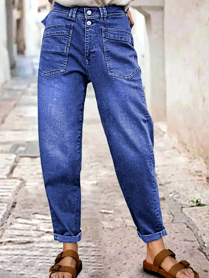 Women's Stretch Denim Mid-Rise Straight-Leg Pocket Jeans in Blue - product view