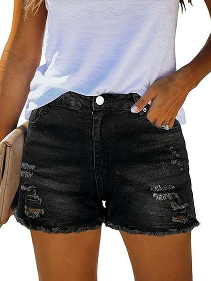 Women's Washed Denim Distressed Raw-Hem High-Waist Mid-Rise Shorts in Black - product view