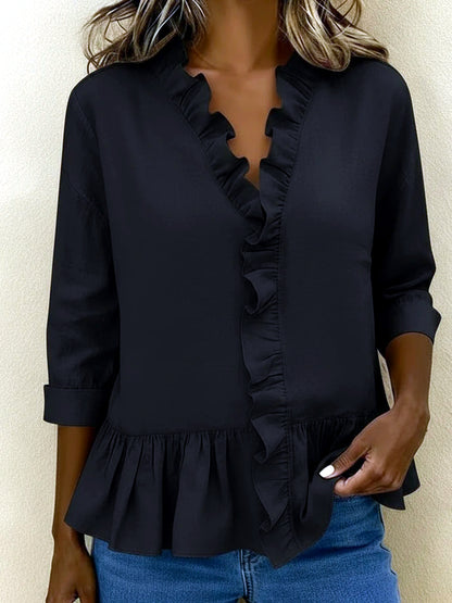 Women's Solid-Color Ruffle-Trim Relaxed-Fit Long-Sleeve Longline Mid-Length Shirt in Black - product view