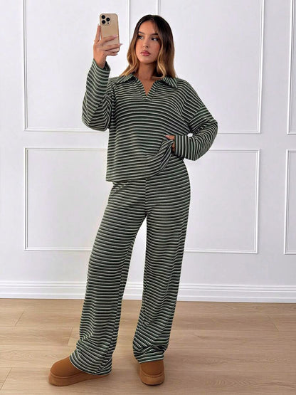 Striped Plaid Printed Point-Collar Long-Sleeve Wide-Leg Top & Pants Set in Green - product view