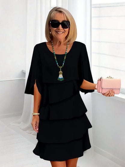 Women's Solid-Color Crew-Neck Patchwork Relaxed-Fit Midi Dress in Black - product view