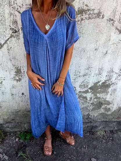 Patchwork Linen-Blend Solid-Color Relaxed-Fit Mid-Rise Short-Sleeve Dress in Royal Blue - product view
