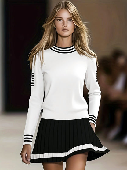 Women's Crew-Neck Knit Striped Solid-Color Long-Sleeve Office Dress in White - product view