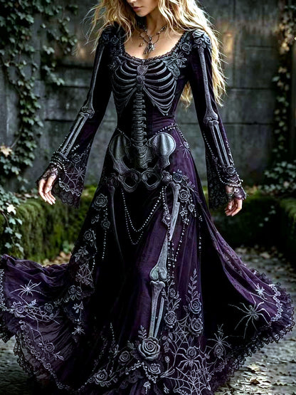 Crew-Neck Slim-Fit Long-Sleeve Longline Stretch High-Waist Dress in Purple - product view