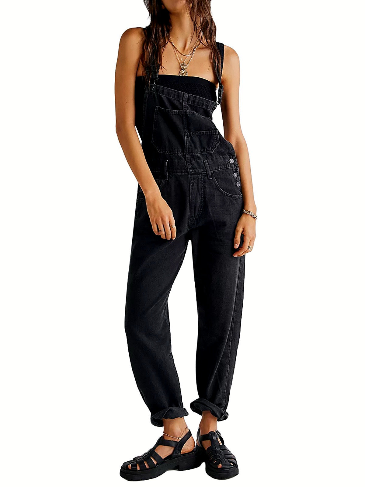 Women's Relaxed-Fit Washed Denim Bib Overalls with Utility Pocket in Black - product view