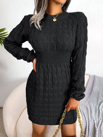 Women's Solid-Color Slim-Fit High-Waist Long-Sleeve Streetwear Dress in Black - product view