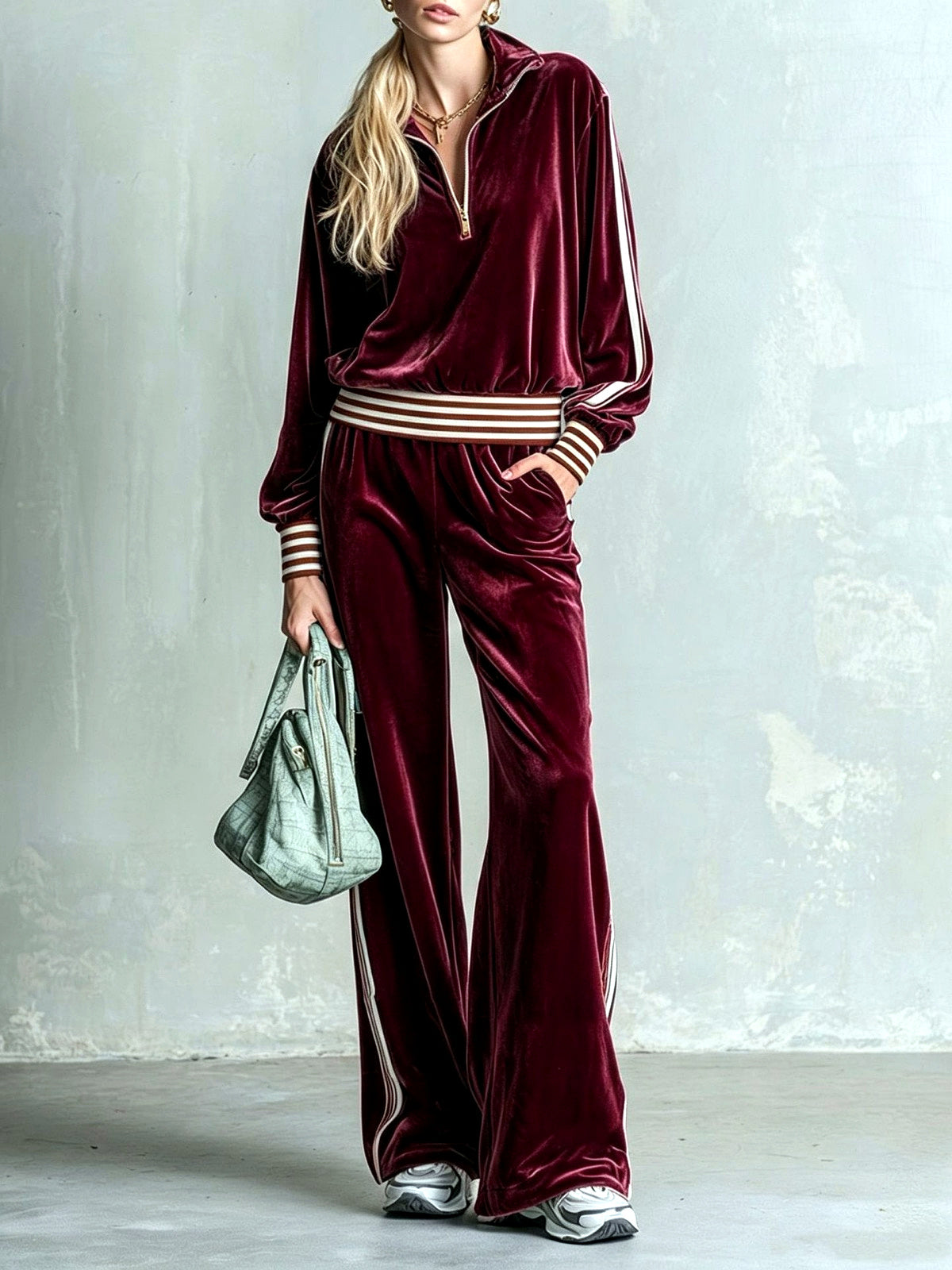 Striped Wide-Leg Top & Pants Set in Burgundy - product view