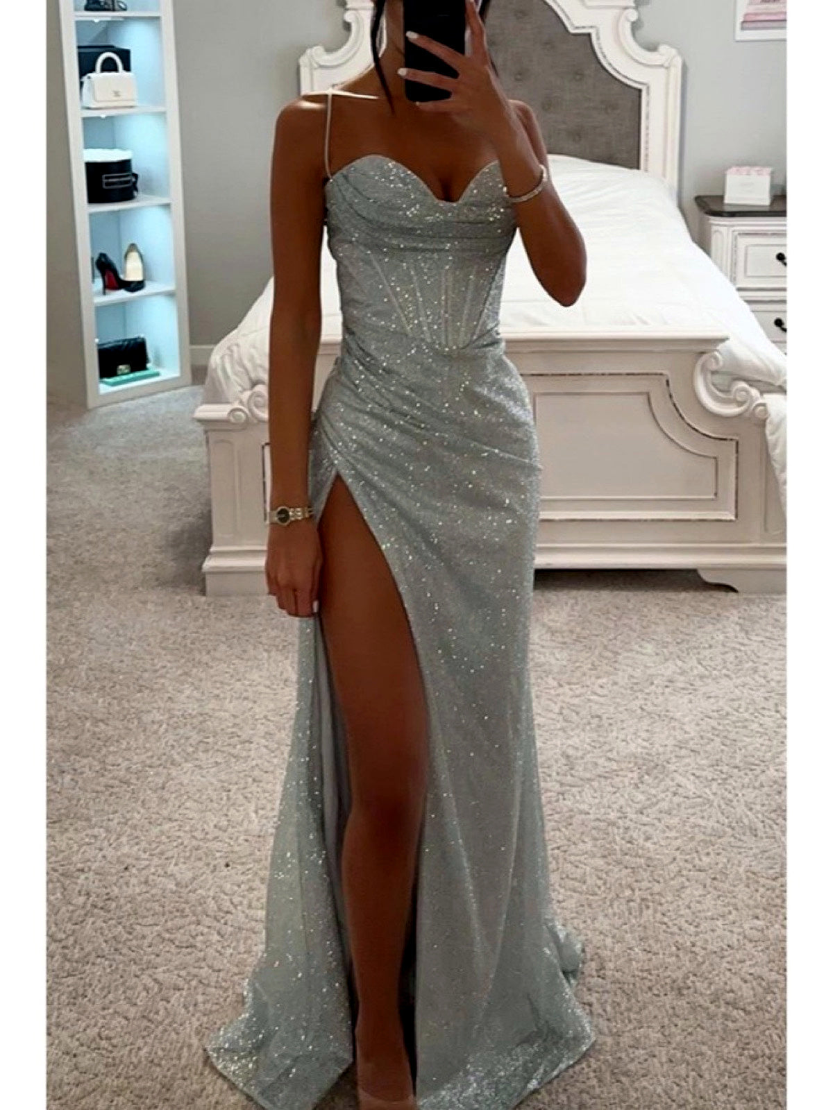 Women's Solid-Color Off-Shoulder Patchwork Zip-Front Pullover Dress in Silver - product view