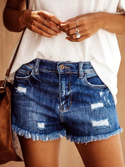Women's Washed Denim Distressed High-Waist Straight-Leg Office Shorts in Dark Blue - product view
