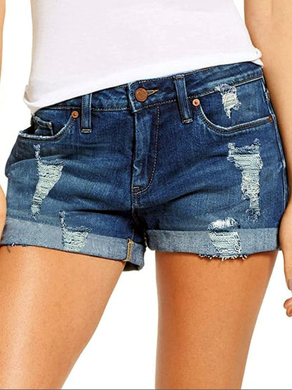 Women's Washed Denim Distressed Stretch Mid-Rise Straight-Leg Shorts in Dark Blue - product view