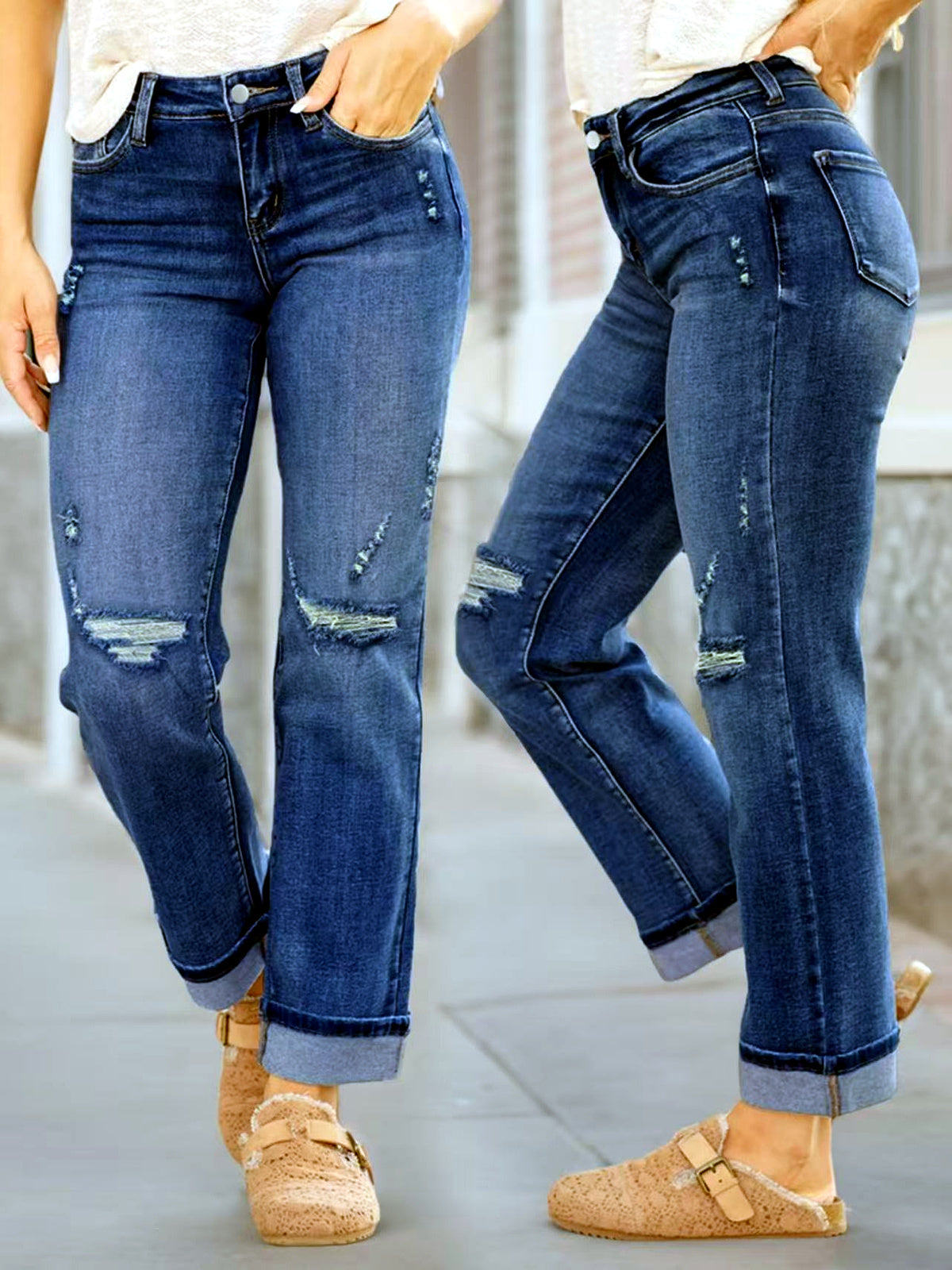 Women's Stretch Denim Mid-Rise Straight-Leg Jeans in Dark Blue2548# - product view