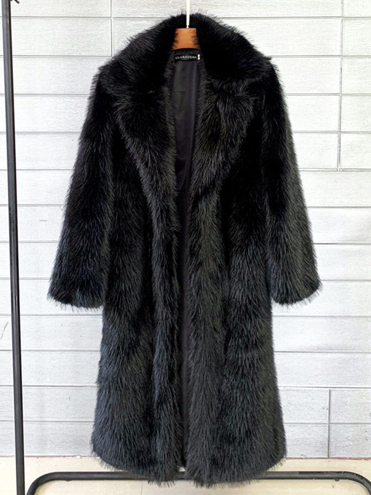 Women's Faux-Fur Notched-Lapel Long-Sleeve Longline Coat in Black - product view