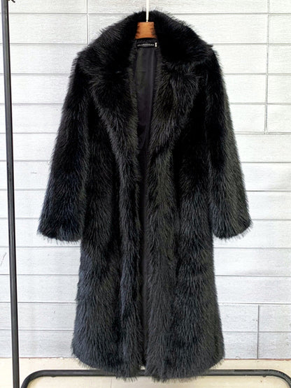 Women's Faux-Fur Notched-Lapel Long-Sleeve Longline Coat in Black - product view