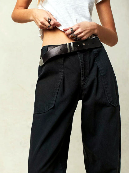 Women's Washed Denim Solid-Color Relaxed-Fit Slim-Fit Mid-Rise Jeans in Black - product view