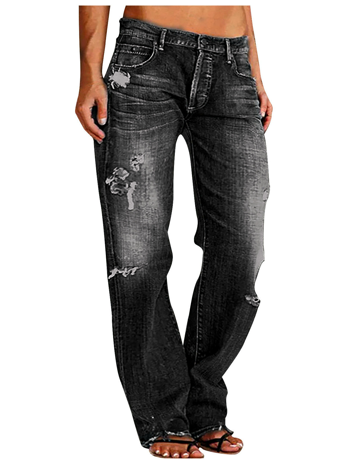 Women's Denim Mid-Rise Straight-Leg Distressed Jeans in Charcoal - product view