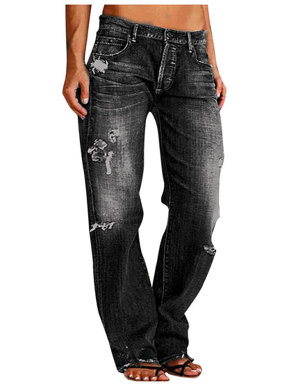 Women's Denim Mid-Rise Straight-Leg Distressed Jeans in Charcoal - product view