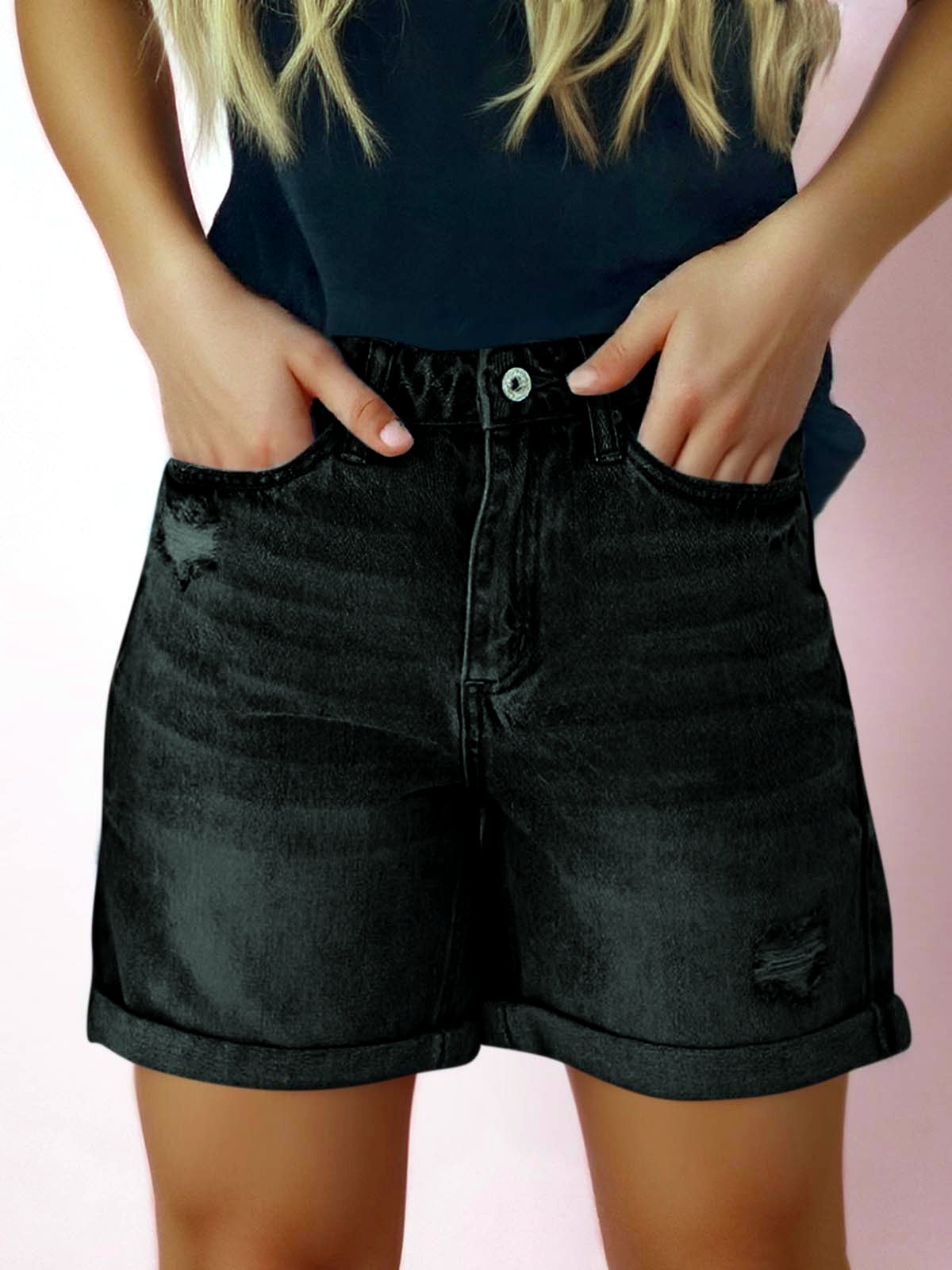 Women's Denim Distressed High-Waist Straight-Leg Office Shorts in Black - product view