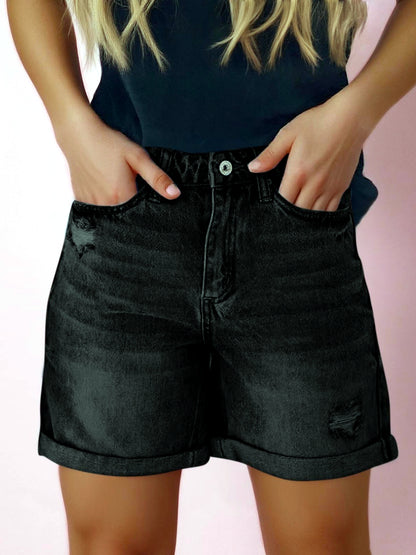Women's Denim Distressed High-Waist Straight-Leg Office Shorts in Black - product view