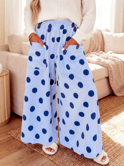 Women's Printed Pocket Polka-Dot High-Waist Wide-Leg Pants in Blue - product view