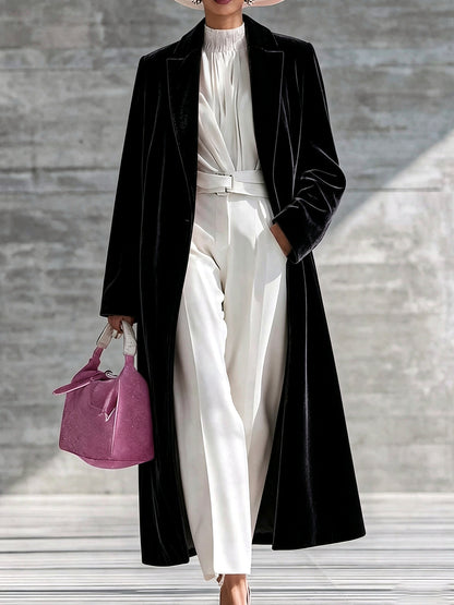 Women's Velvet Knit Solid-Color Point-Collar Relaxed-Fit Long-Sleeve Cardigan in Black - product view