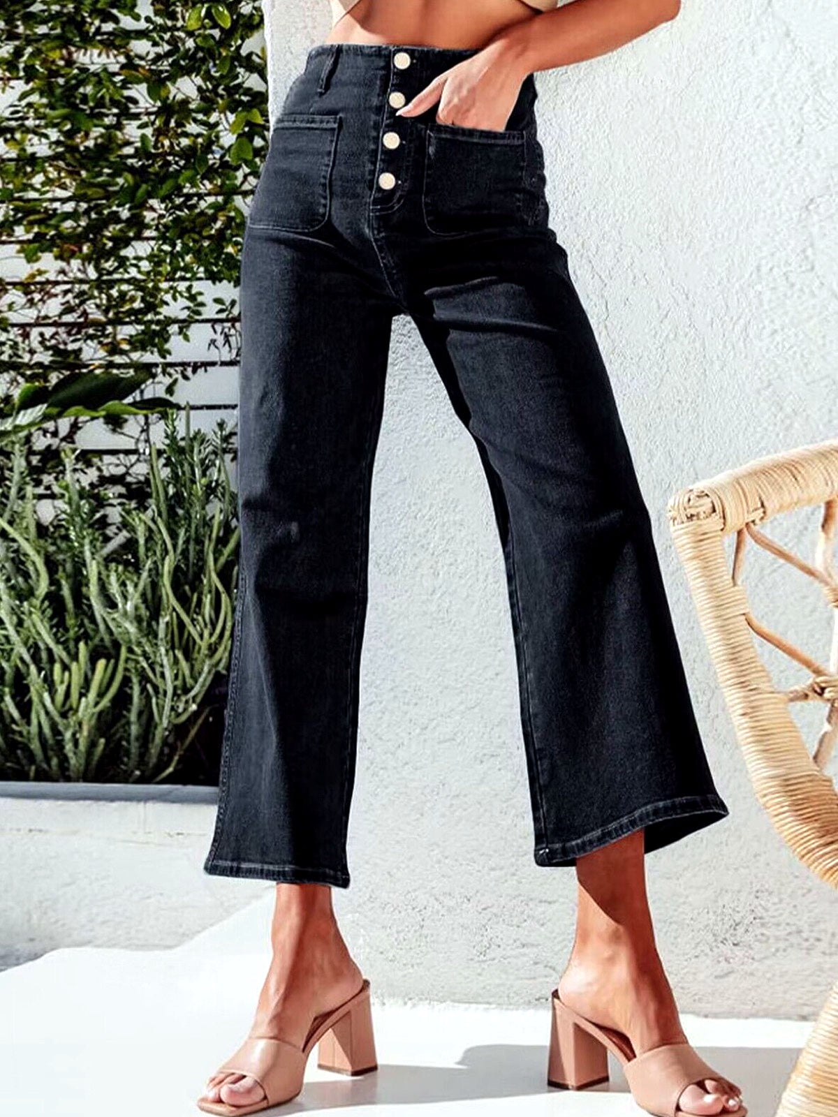 Women's Denim High-Waist Wide-Leg Jeans in Black - product view