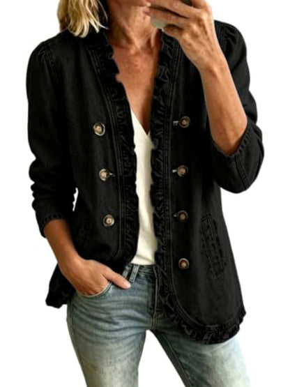 Women's Denim Ruffle-Trim Button-Front Long-Sleeve Washed Jacket in Black - product view