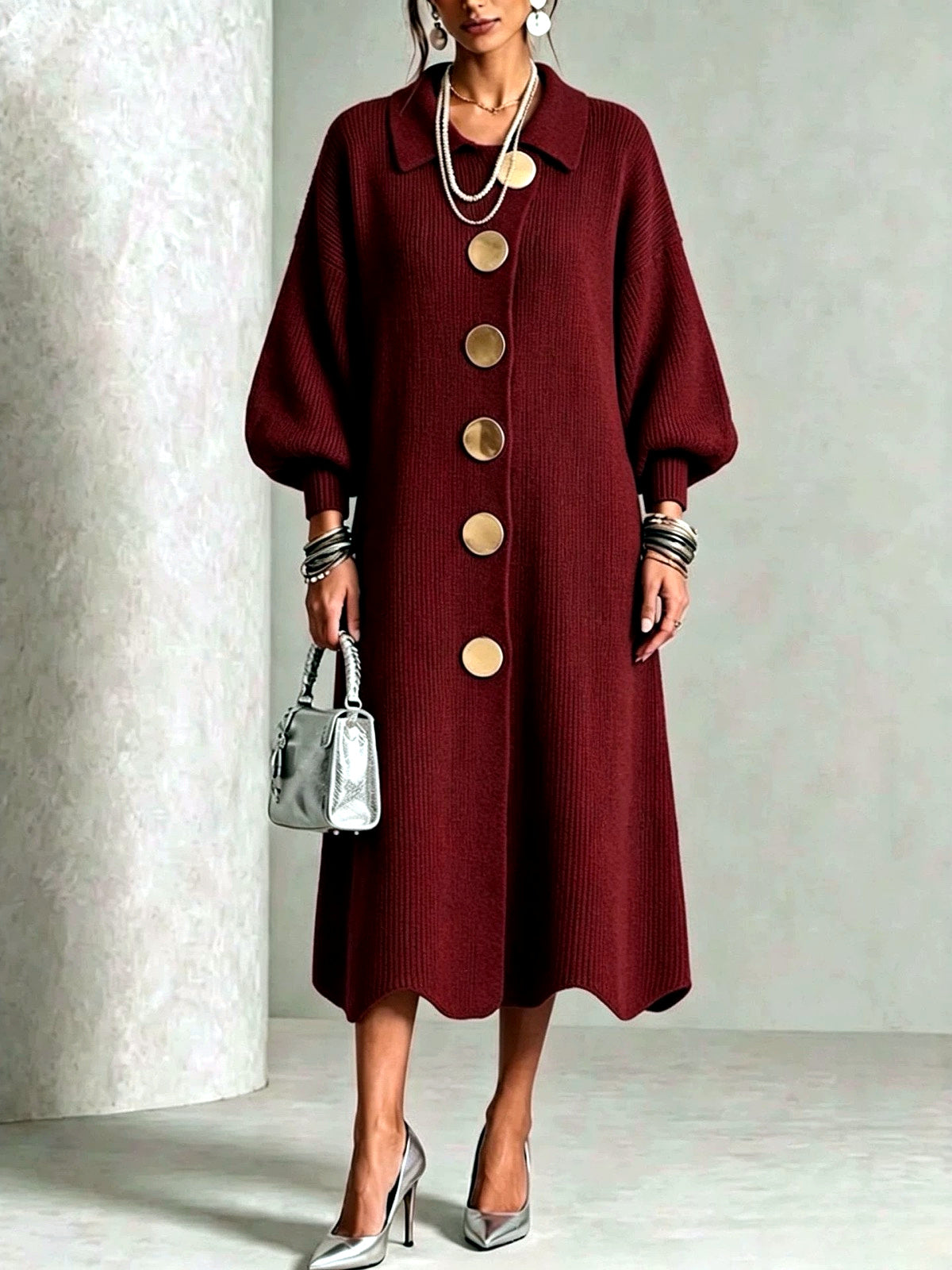 Women's Knit Solid-Color Polo-Collar Statement-Button Patchwork Dress in Burgundy - product view
