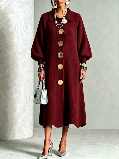 Women's Knit Solid-Color Polo-Collar Statement-Button Patchwork Dress in Burgundy - product view
