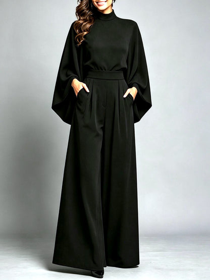 Relaxed-Fit Long-Sleeve Wide-Leg Top & Pants Set in Black - product view
