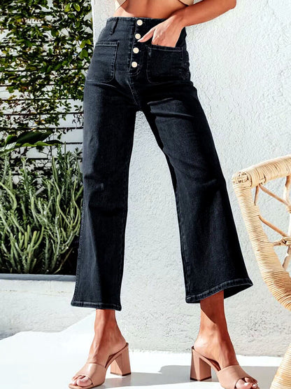 Women's Denim High-Waist Wide-Leg Vintage-Inspired Straight-Leg Button-Front Pocket Relaxed-Fit Jeans in Black - product view
