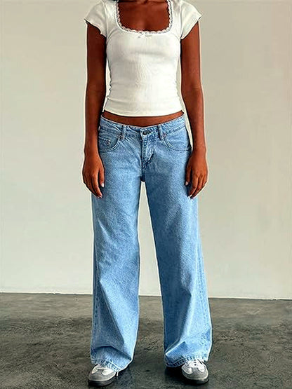 Women's Washed Denim Wide-Leg Vintage-Inspired Distressed Straight-Leg Jeans in Light Blue - product view