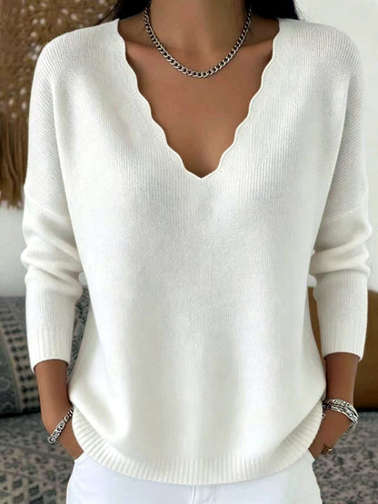 V Solid Color Long Sleeve Knit Sweater in White - product view