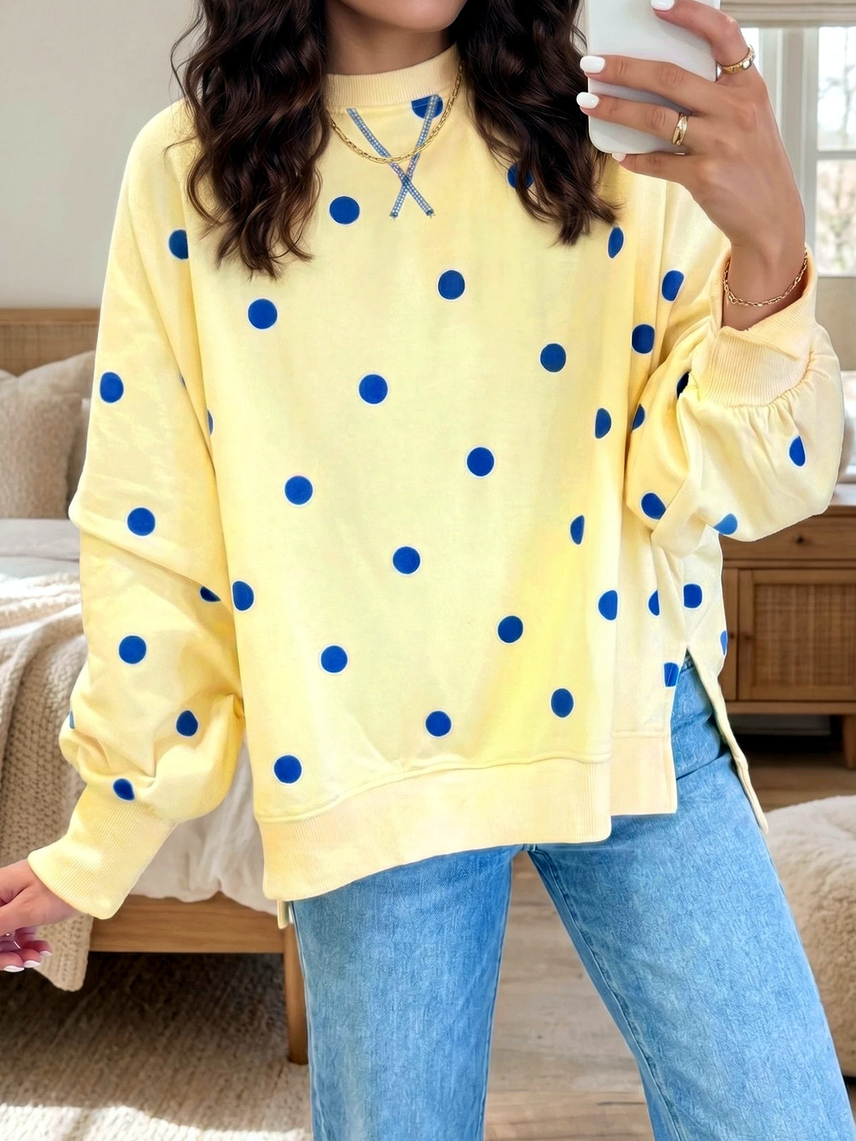 Women's Printed Crew-Neck Patchwork Relaxed-Fit Long-Sleeve Polka-Dot Sweatshirt in Yellow - product view