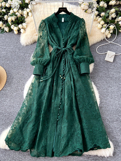 Women's Solid-Color V-Neck Lace-Trim Long-Sleeve Puff-Sleeve Dress in Green - product view