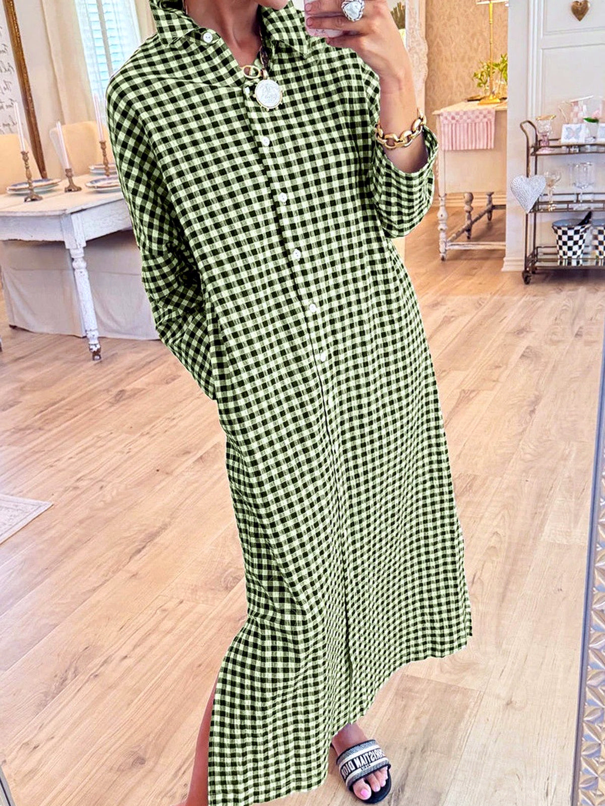 Women's Plaid Patchwork Relaxed-Fit Long-Sleeve Longline Slit Dress in Green - product view