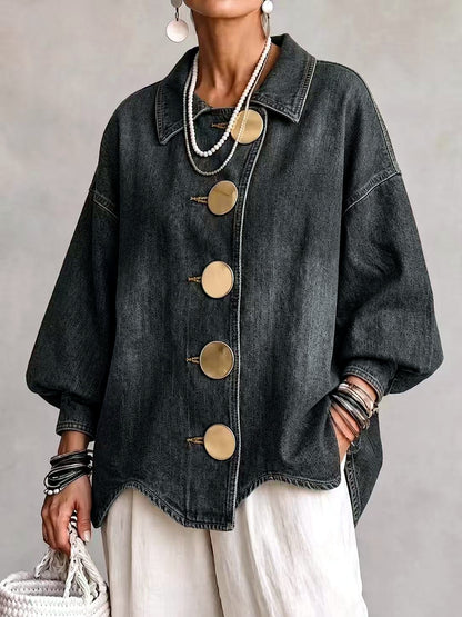 Women's Denim Point-Collar Button-Front Washed Jacket in Black - product view