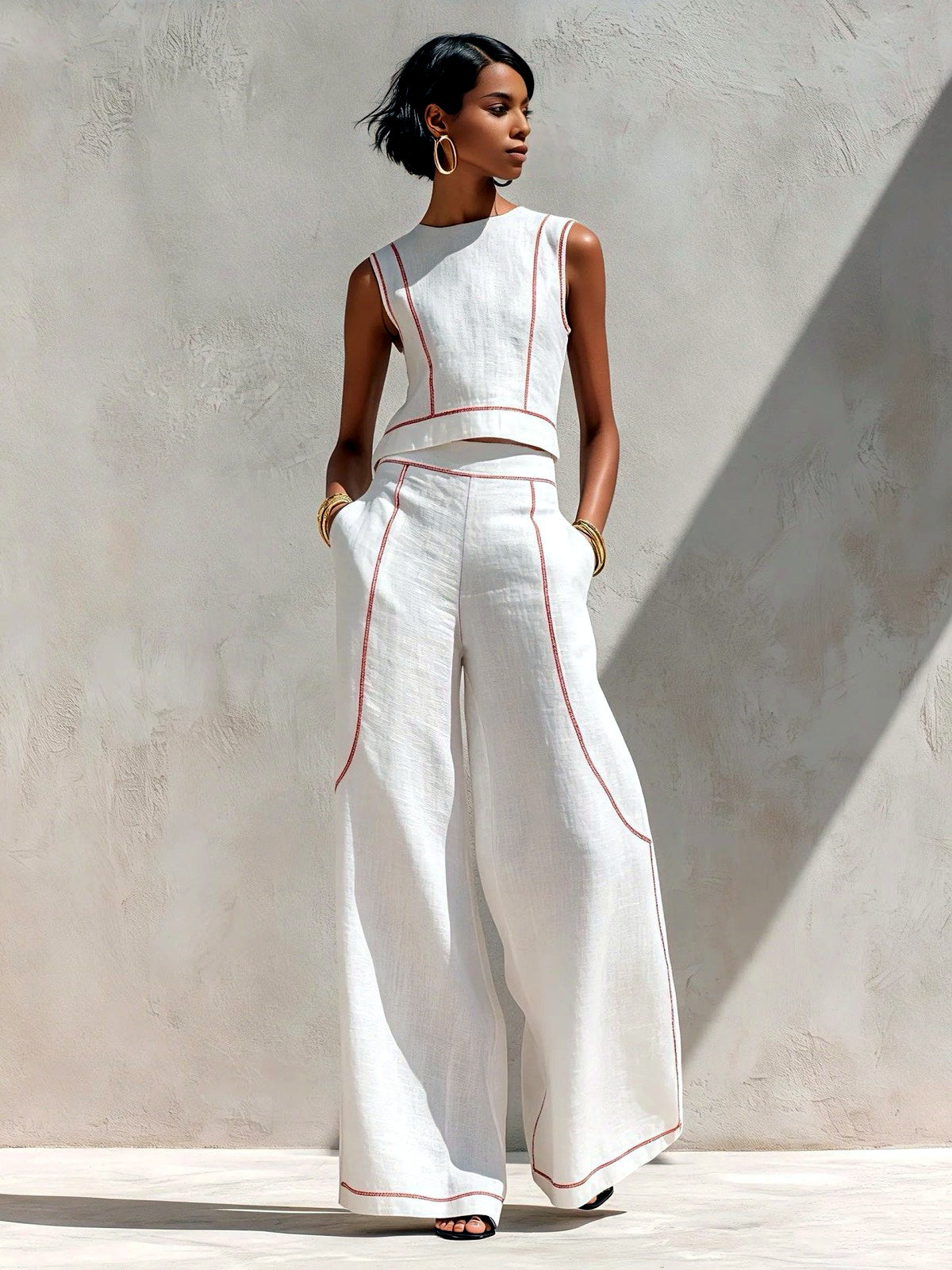 Women's Colorblock Sleeveless Wide-Leg Top & Pants Set in White - product view