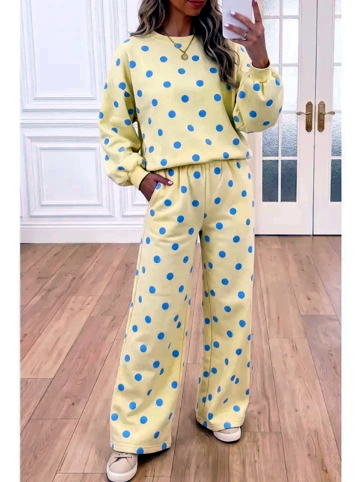 Women's Polka-Dot Wide-Leg Top & Pants Set in Yellow - product view