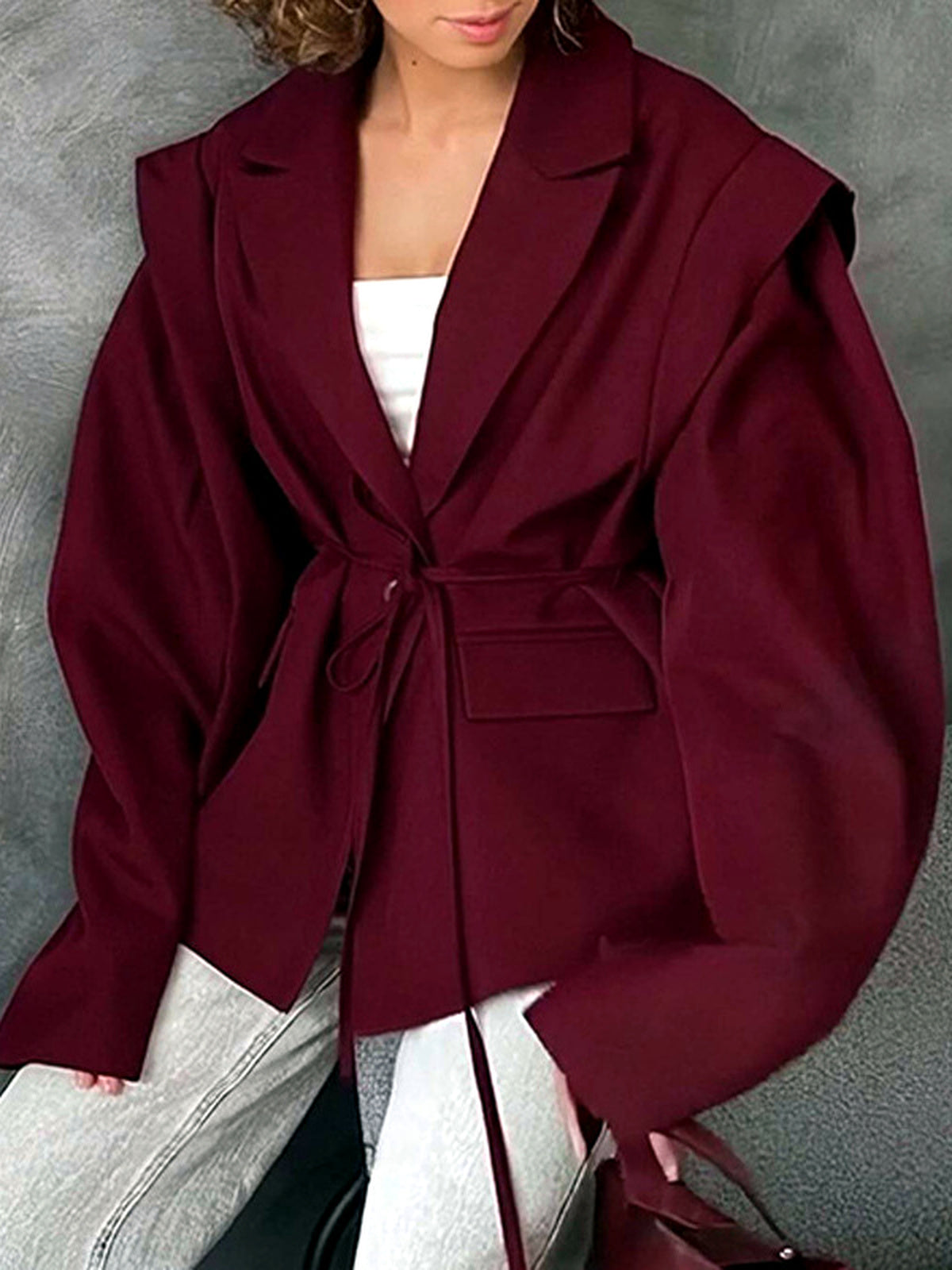 Women's Printed Solid-Color Slim-Fit Belted Long-Sleeve Office Blazer in 29782-Burgundy - product view