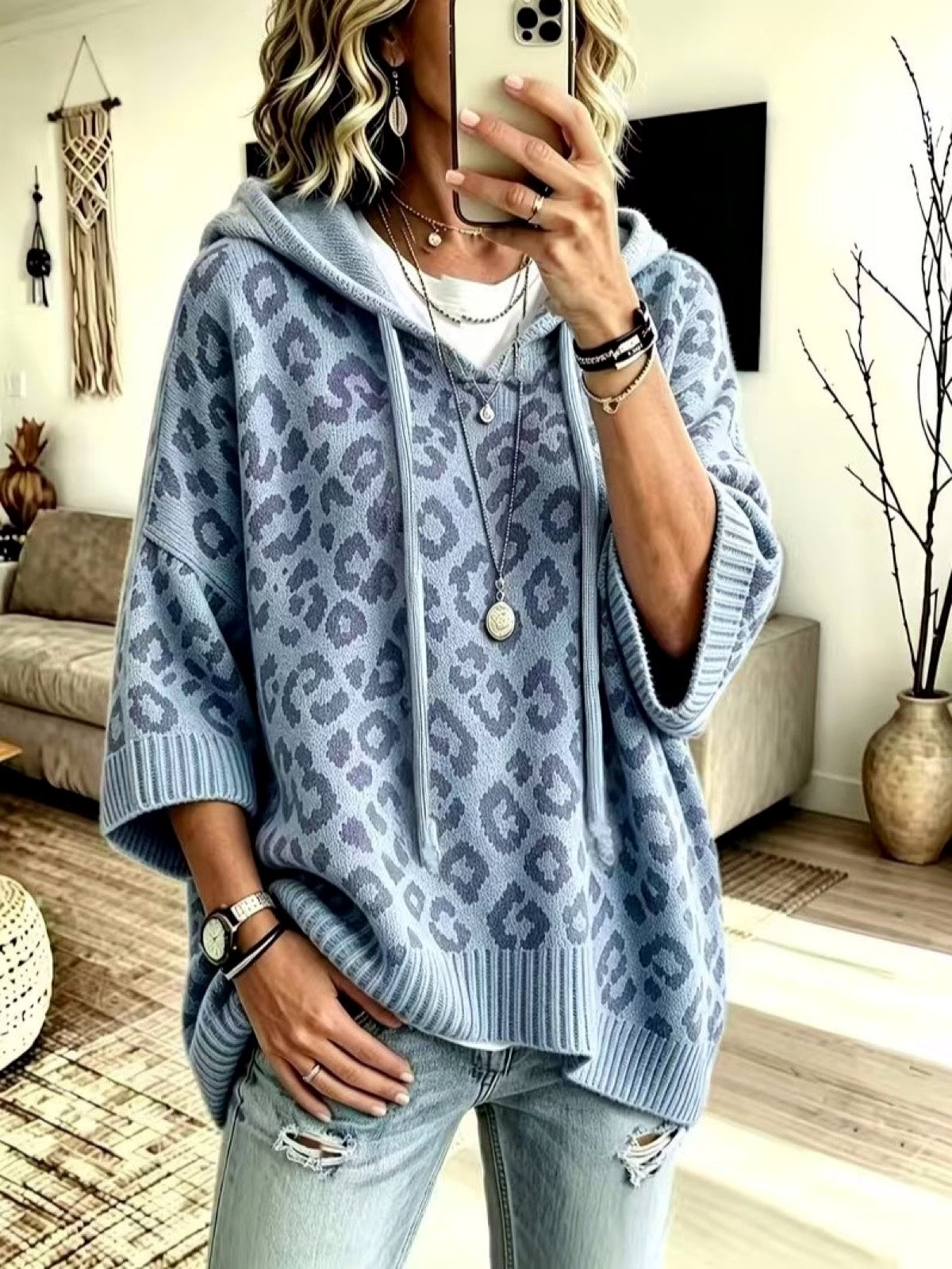 Knit Leopard-Print Hooded Drawstring Pullover Relaxed-Fit Sweater in Blue - product view