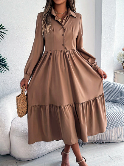 Women's Solid-Color Relaxed-Fit High-Waist Point-Collar Long-Sleeve Streetwear Shirt in Khaki - product view