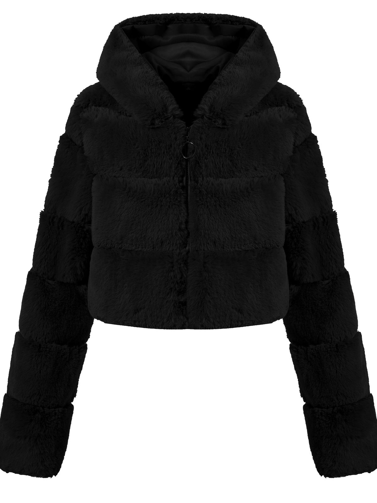 Faux-Fur Zip-Front Long-Sleeve Coat in Black - product view