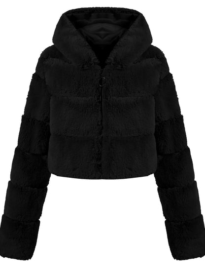 Faux-Fur Zip-Front Long-Sleeve Coat in Black - product view