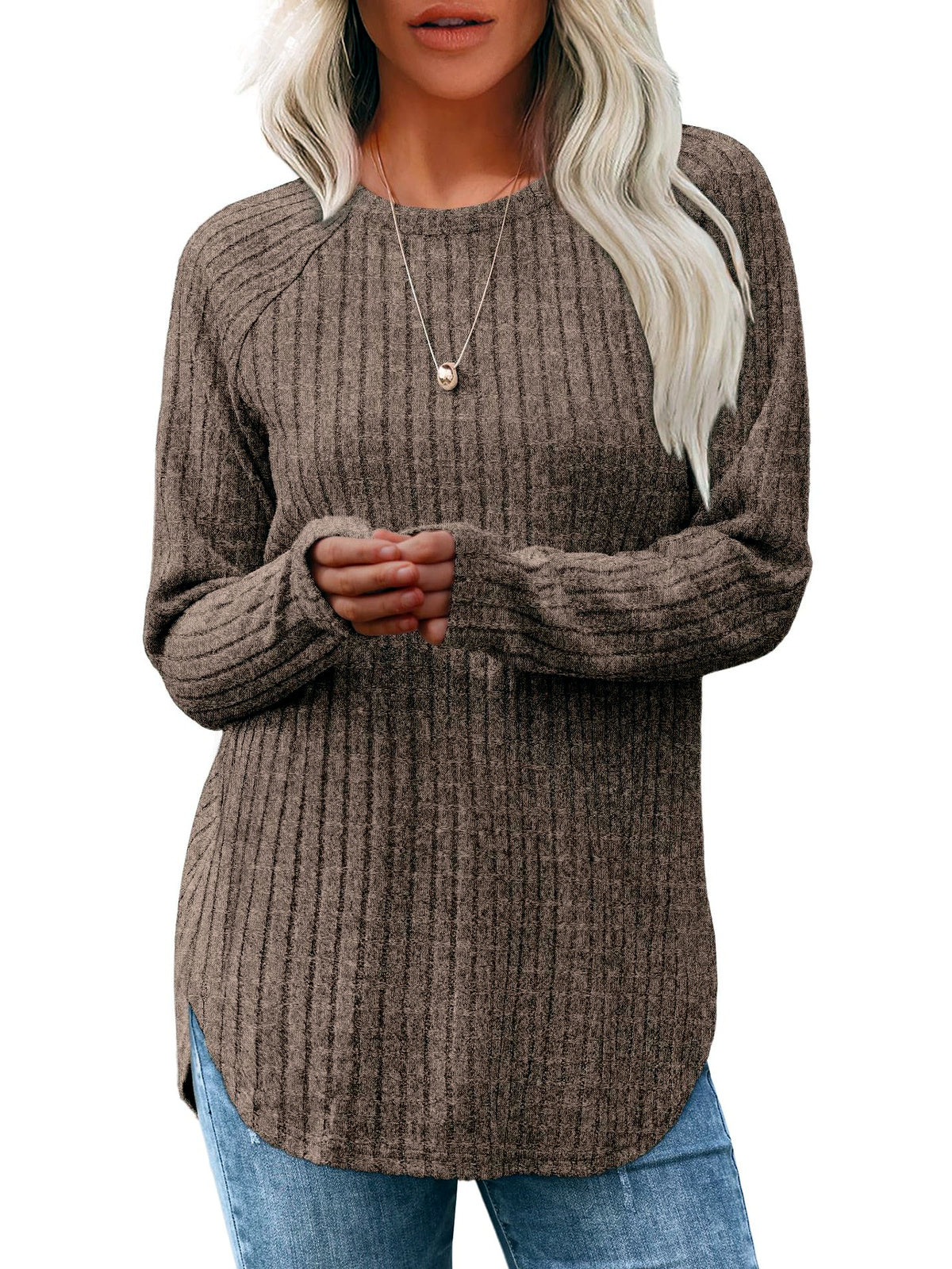Women's Crew-Neck Relaxed-Fit Slim-Fit Long-Sleeve Top in Khaki - product view