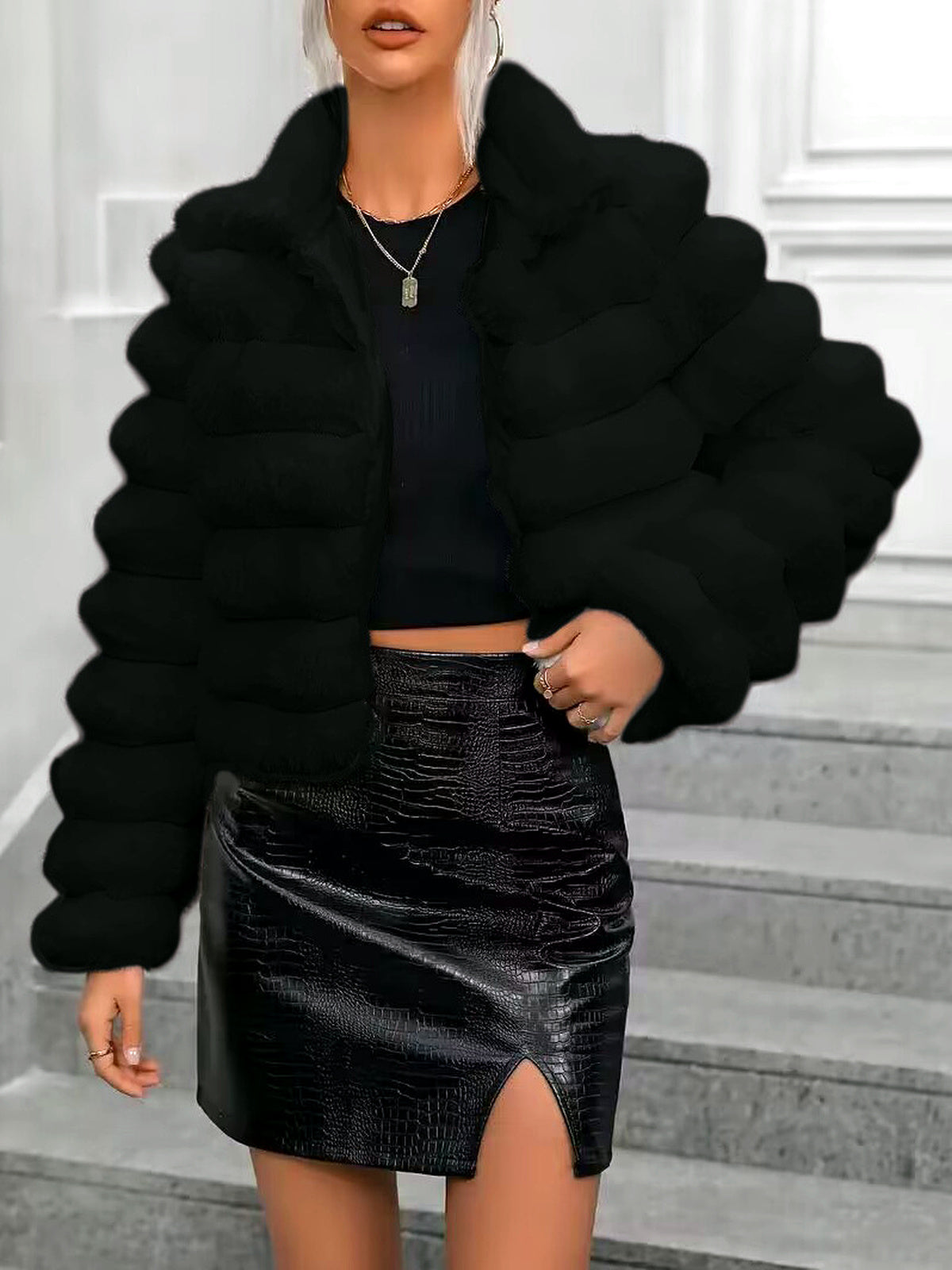 Women's Faux-Fur Long-Sleeve Coat in Black - product view