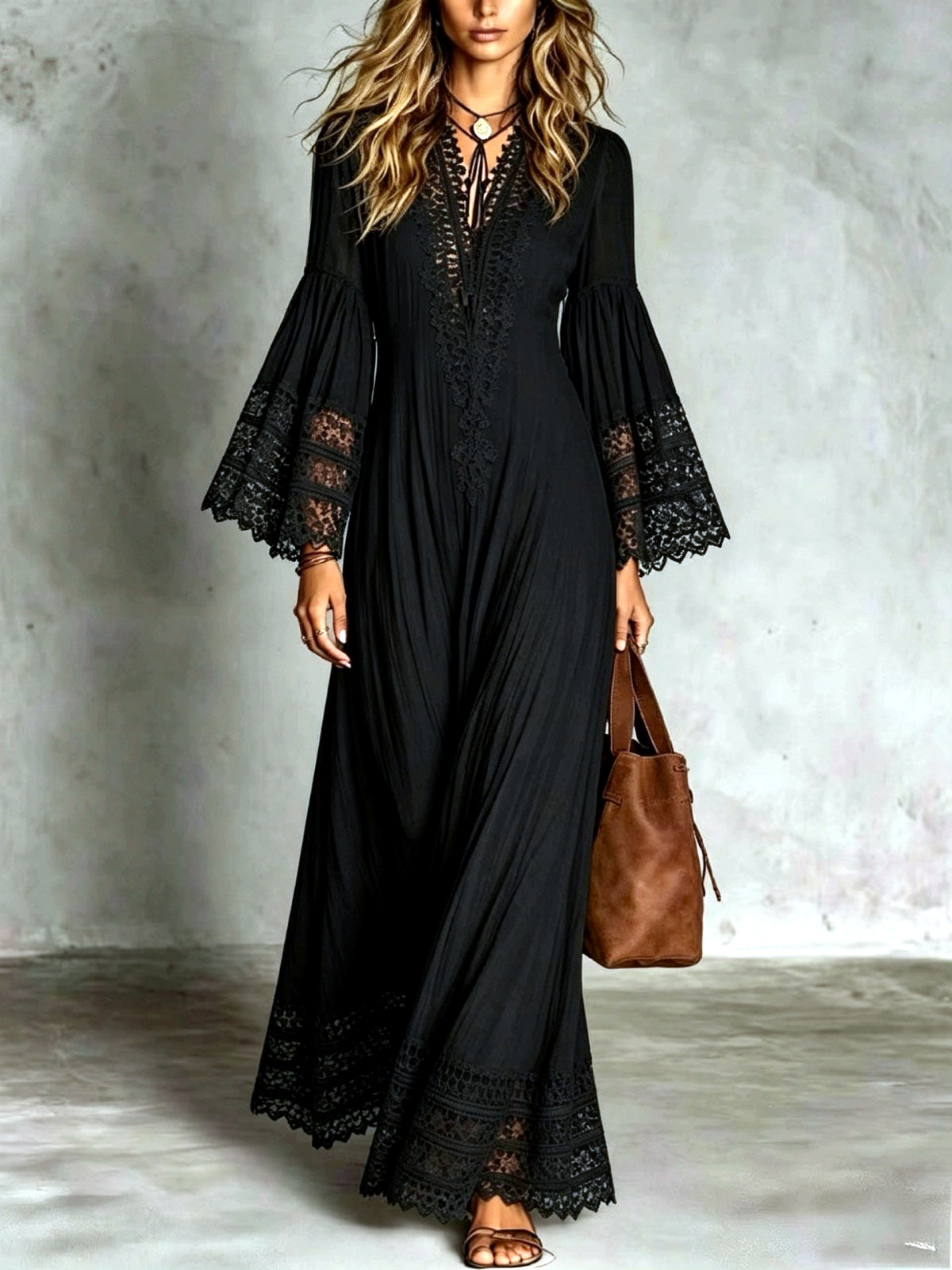 Lace-Trim Patchwork Vintage-Inspired Dress in Black - product view
