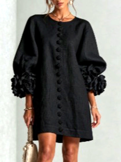 Women's Solid-Color Crew-Neck Button-Front Pullover Relaxed-Fit Dress in Black - product view