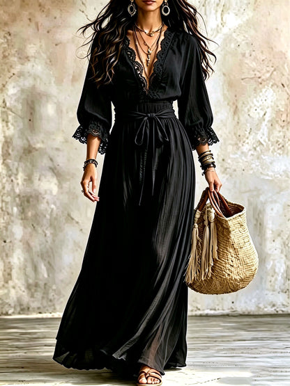 Women's V-Neck Lace-Trim Belted Flared Apparel in Black - product view
