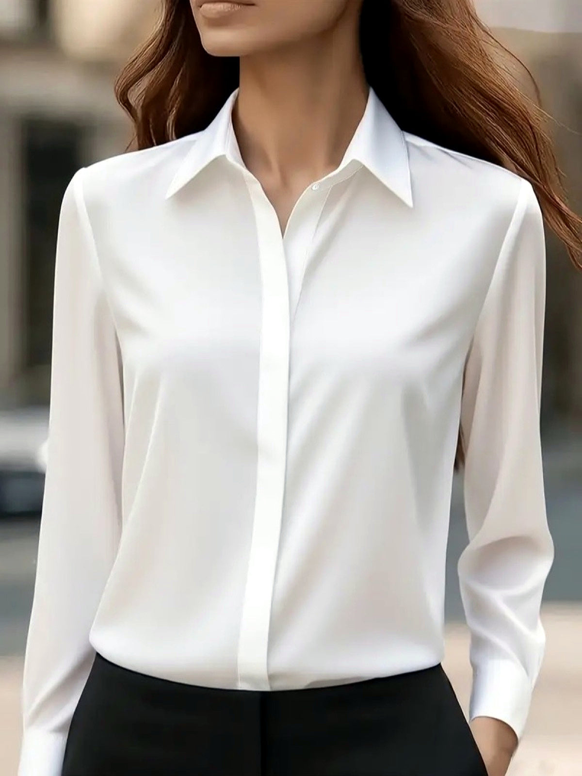 Women's Solid-Color Point-Collar Patchwork Button-Front Shirt in White - product view