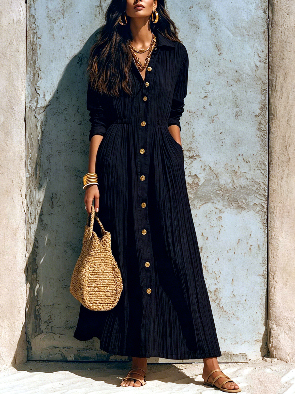 Women's Solid-Color Relaxed-Fit Slim-Fit Point-Collar Long-Sleeve Vacation Dress in Black - product view